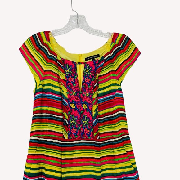 Nanette Lepore Linen Dress Size 8 Vibrant Stripes Beaded Neck Ruffle Accent - Picture 14 of 15